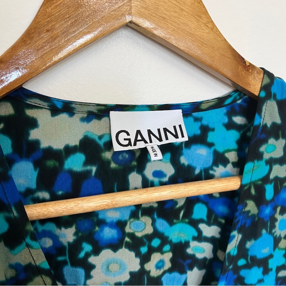 Ganni Blue Wrap Dress Azure Blue Floral V Neck Long Sleeve Silk Blend Sz 34 EU - Picture 4 of 6